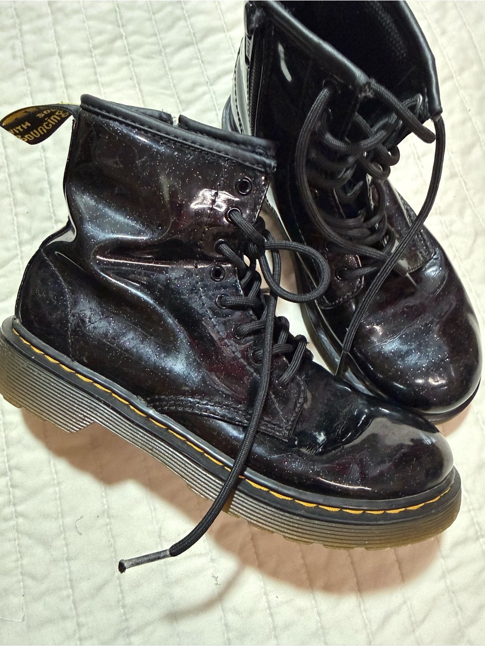 Dr. Martens 1460 Junior Glitter Black Patent Leather Boots with Yellow Stitching